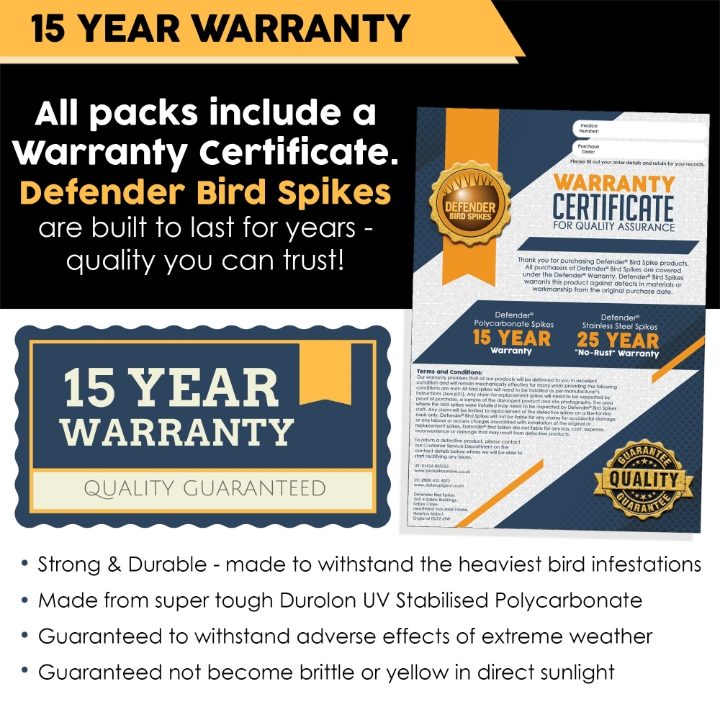 Defender® Gutter Spikes come with a confidence boosting 15 Year Warranty when installed in the UK
