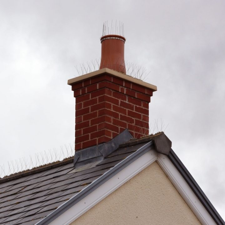 Defender® Chimney Pot Spike installed on a chimney pot on a roof 