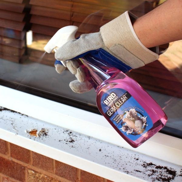 Germ Clear™ Bird Droppings Disinfectant Spray being used to clear bird mess off window ledges.  
